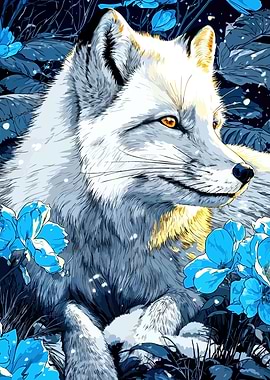 White Fox with Blue Flowers