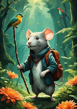 Mouse Adventurer in Forest with Birds