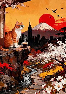 Cat with Glasses in Japanese Landscape