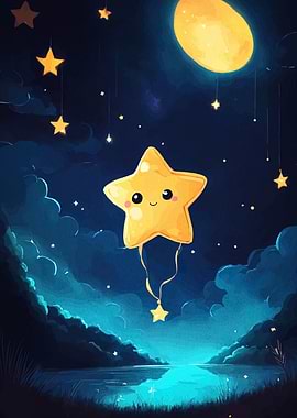 Cute Starry Night Landscape Illustration