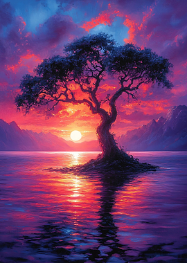 Tree in Water at Sunset