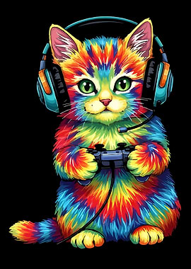 Colorful Cat Gamer with Headset