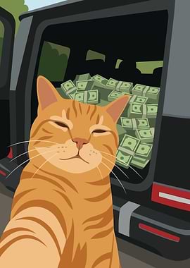 Cat with Money in Car Trunk