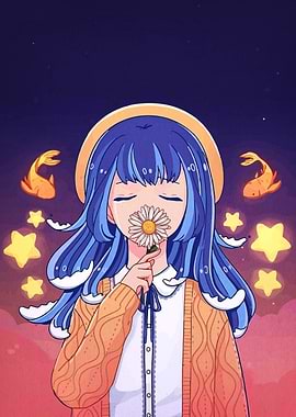 Dreamy Girl with Daisy and Stars