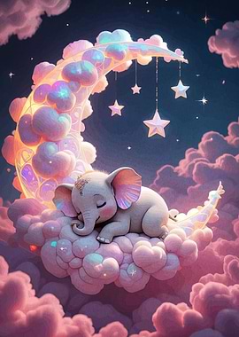 Sleeping Elephant on Moon with Stars