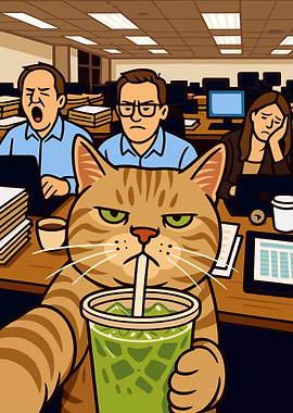 Office Cat with Matcha Drink