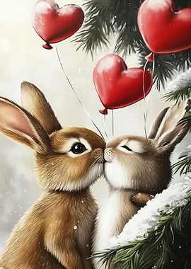 Romantic Bunny Couple Art Vintage Valentines Day Print
