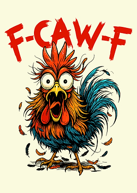 Cartoon Rooster Screaming F-CAW-F, Funny Chicken F-Caw-F
