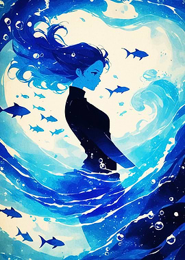 Blue Woman in Ocean Waves