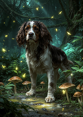 Springer Spaniel In Mushrooms Forest
