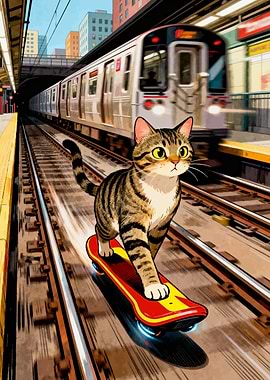 Skateboarding Cat on Subway Tracks