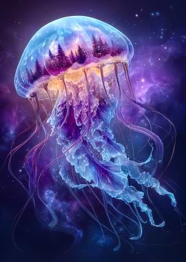 Surreal Jellyfish with Forest and Galaxy