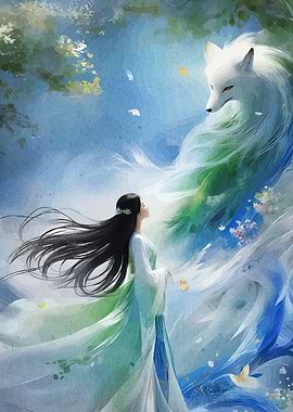 Woman and White Fox Spirit Painting