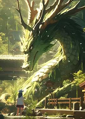 Dragon and Girl in Japanese Landscape