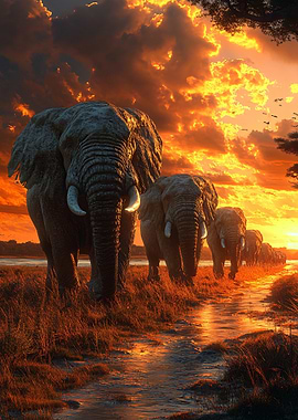 Elephants walking at sunset