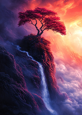 Red Tree Waterfall Landscape