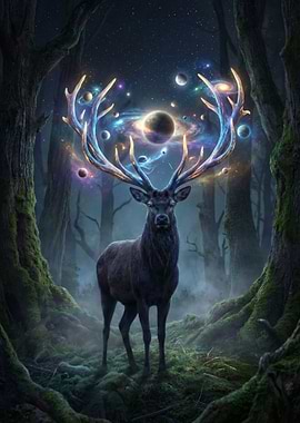 Cosmic Deer in Enchanted Forest