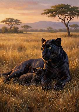 Black Panther and Cub in Savannah