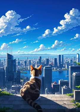Cat gazing at cityscape anime style