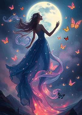 Moonlit Woman with Butterflies