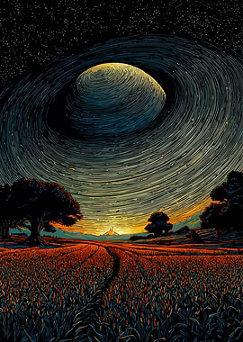 Surreal Landscape with Swirling Sky