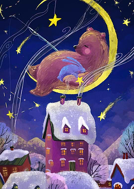 Dreamy Winter Night Scene with Bear