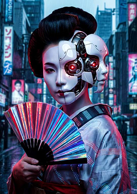 Cyberpunk Geisha with Robotic Face