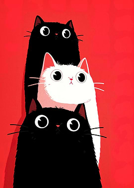 Three Cats Stacked on Red Background