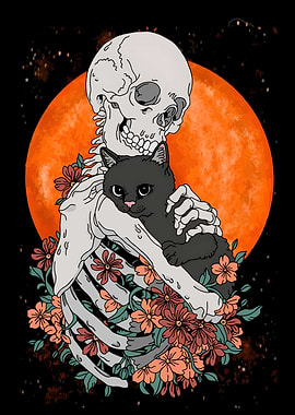 Skeleton, Cat, and Flowers Illustration
