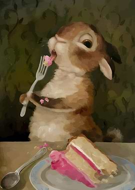 Rabbit eating cake with a fork