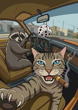 Cat and Raccoon Driving Car