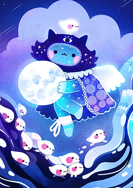 Celestial Cat with Moon and Spirits