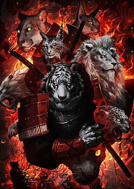 Feline Samurai Warriors Fiery Battle