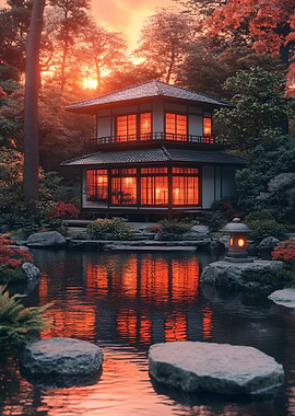 Japanese House Reflection in Water