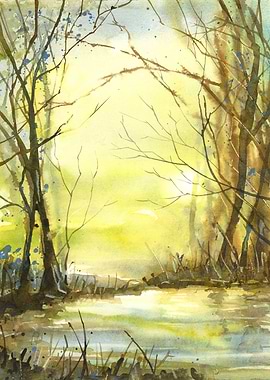 Watercolor Forest Landscape with Pond