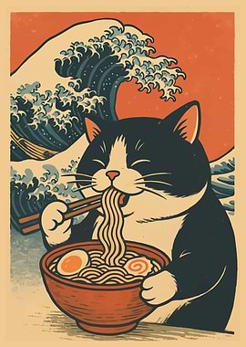 Cat eating ramen with wave background