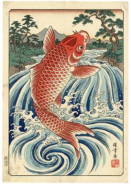 Koi Fish Leaping Waterfall Japanese Art