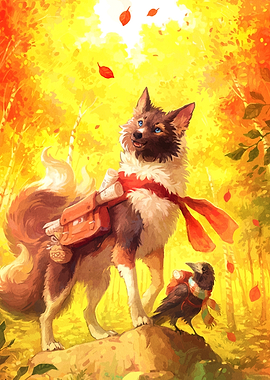 Autumn Adventure: Dog and Crow Companions