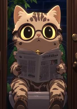 Cat reading newspaper on toilet