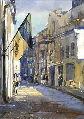 Watercolor Painting of a European Street- Vilnius