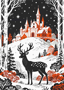 Winter Castle with Deer Illustration