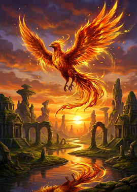 Phoenix Rising Over Ancient Ruins