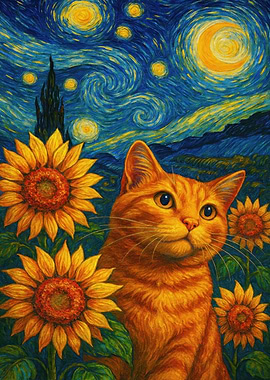 Cat in Starry Night Sunflower Field