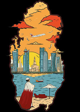 Qatar Skyline Travel Poster Illustration