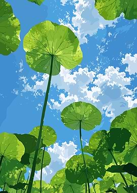 Lotus Leaves Against Blue Sky