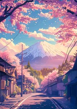 Mount Fuji Cherry Blossom Anime Landscape