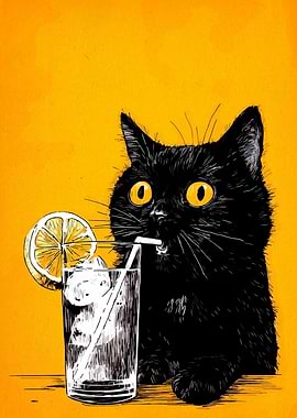 Black Cat Drinking Lemonade Illustration