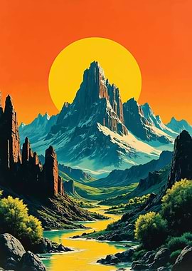 Mountain Landscape with River and Sun
