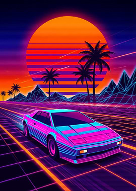 Retro Synthwave Car on Grid Road