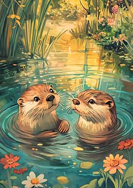 Two Otters in a Pond
